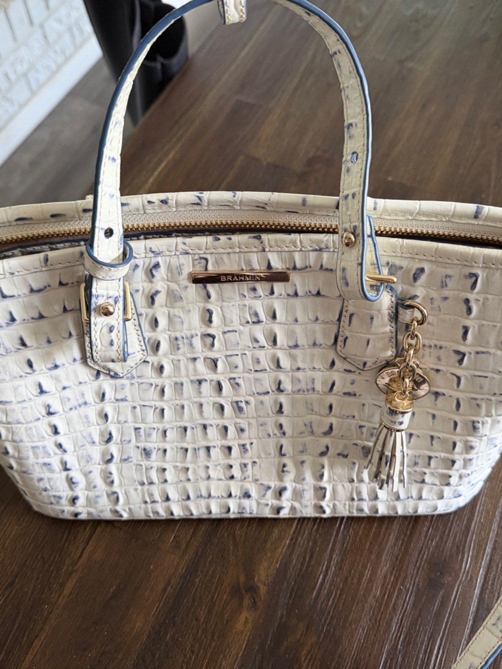 Brahmin White Croc-Embossed Shoulder Bag with Gold Accents